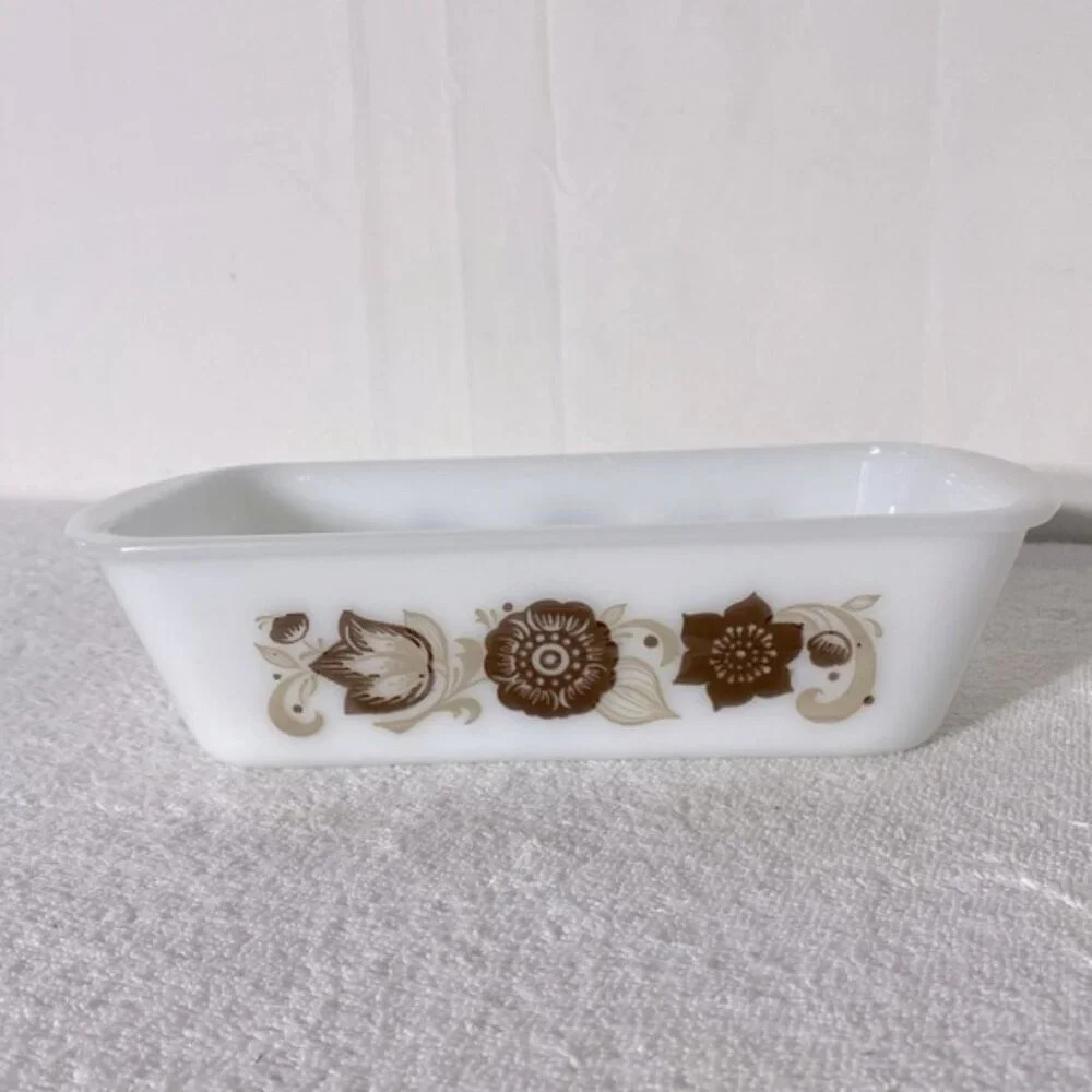 Vintage Glasbake Milk  Glass Brown Flower Pattern Loaf Pan